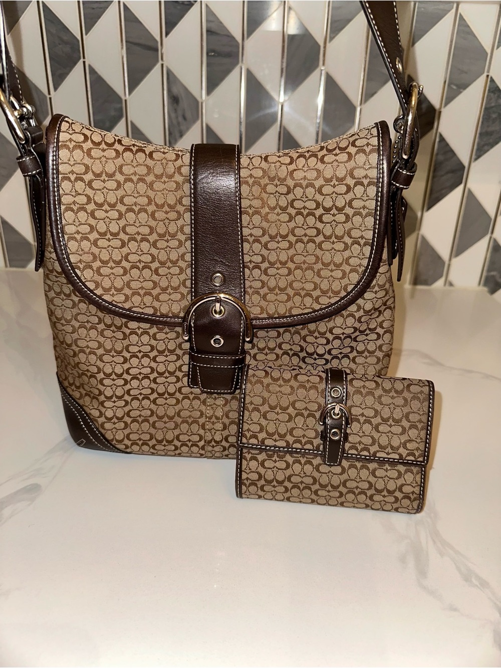 Vintage Y2K Coach Signature Micro C Buckle Flap Trifold Wallet Brown Leather - Picture 5 of 5
